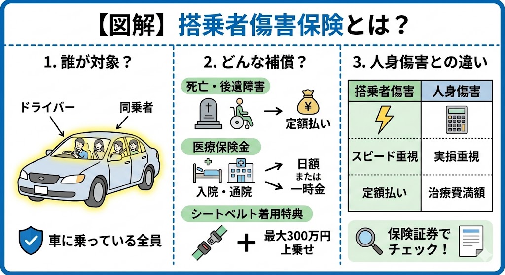 搭乗者傷害保険の仕組みを専門家が分かりやすく解説！死亡・後遺障害・入院通院の補償金額から、シートベルト着用時の増額特典、人身傷害補償保険との決定的な違いまで。自分と家族を守るための最適な選び方がわかります。