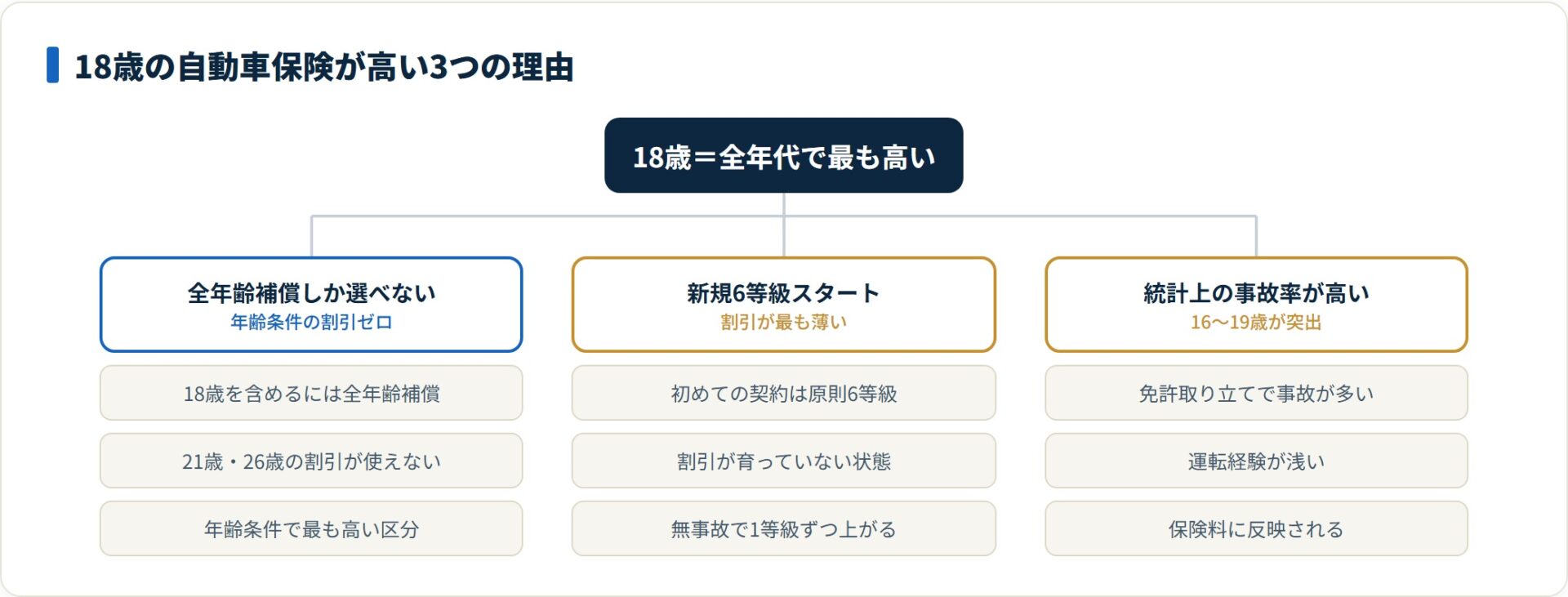 図：全年齢補償・新規6等級・高い事故率が重なり、18歳は全年代で最も保険料が高くなる