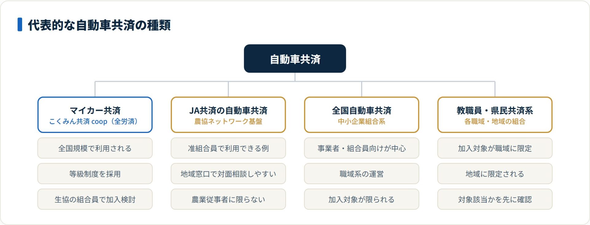 マイカー共済・JA共済・全国自動車共済・職域系という自動車共済の4分類を示した図。