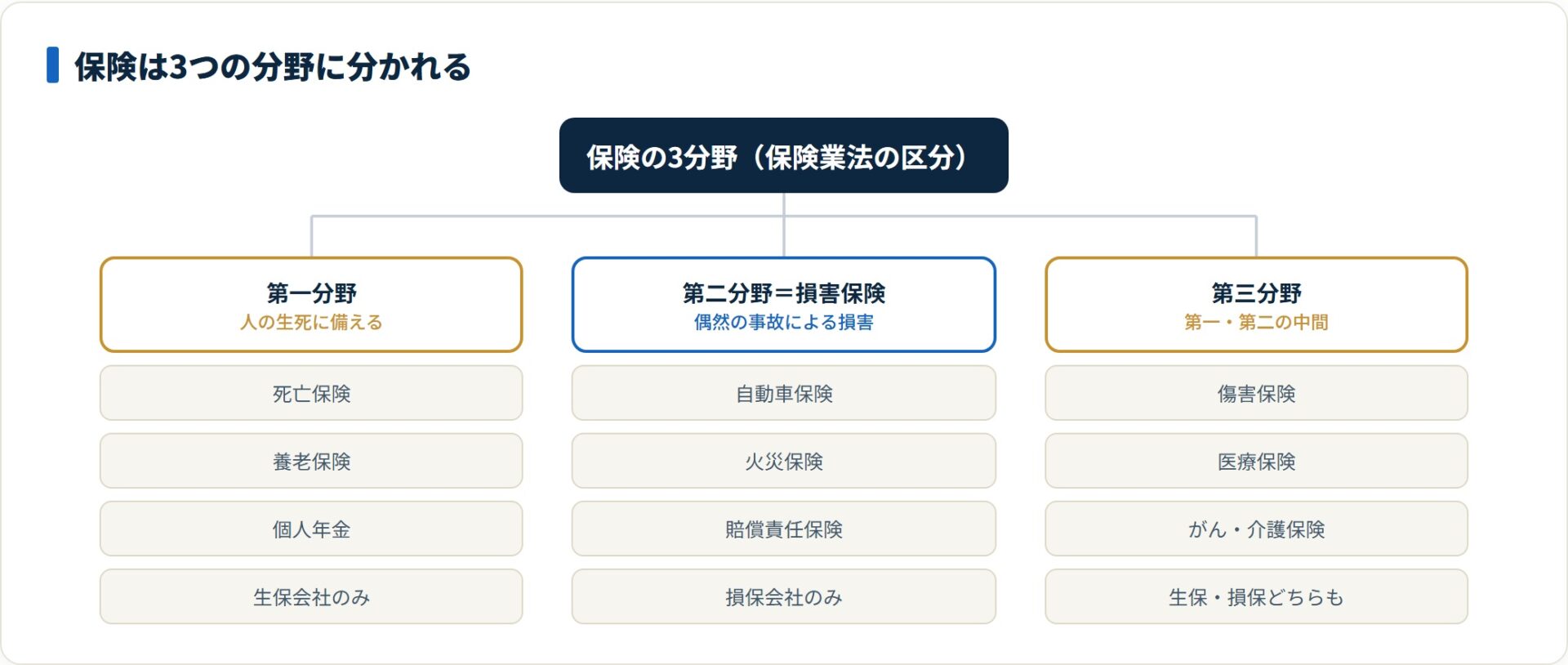 保険を第一分野・第二分野（損害保険）・第三分野に分類し引受会社の違いを示した図。